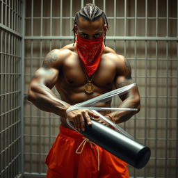 A close-up of a muscular African American gang member in a prison cell