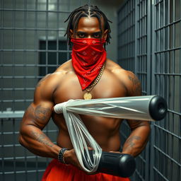 A close-up of a muscular African American gang member in a prison cell