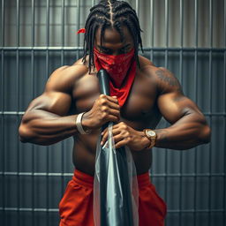 A close-up of a muscular African American gang member in a prison cell