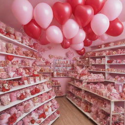 A charming Valentine's themed image showcasing a variety of colorful toys in a toy shop. The heart balloons adorning the shop should lend a festive air. A banner with 'Happy Valentine's Day' should be prominent.