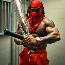 close-up of a muscular African American gang member in a prison cell, wearing baggy orange pants and a red bandana mask covering his nose and mouth