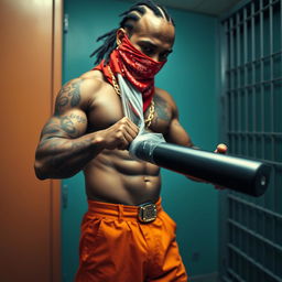 close-up of a muscular African American gang member in a prison cell, wearing baggy orange pants and a red bandana mask covering his nose and mouth