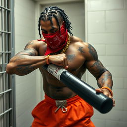 close-up of a muscular African American gang member in a prison cell, wearing baggy orange pants and a red bandana mask covering his nose and mouth