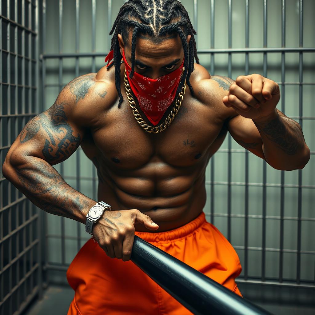 close-up of a muscular African American gang member in a prison cell, wearing baggy orange pants and a red bandana mask covering his nose and mouth