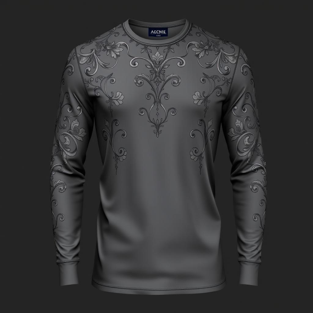 Elegant long-sleeve t-shirt with an intricate and stylish design, featuring subtle floral motifs that create a luxurious look