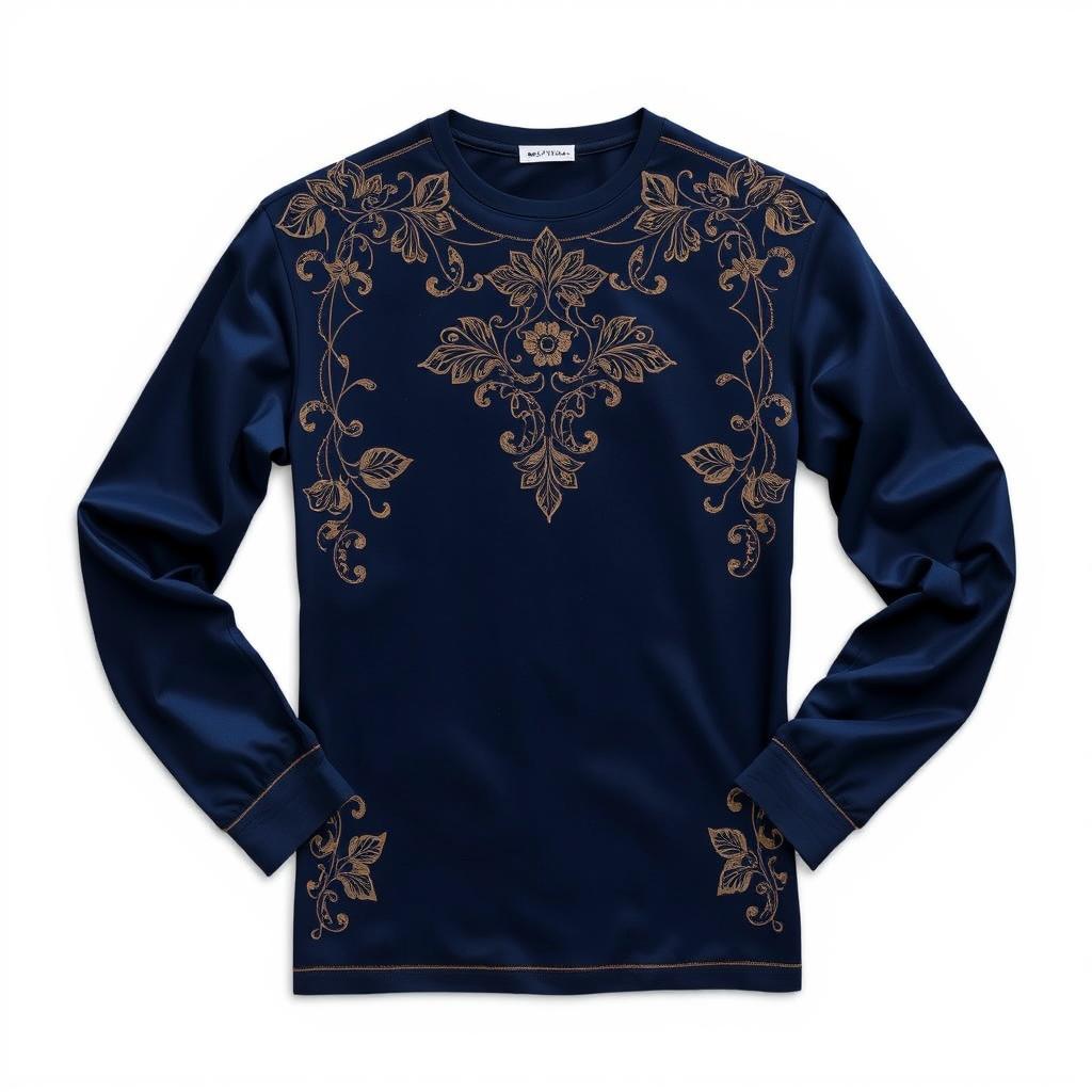 Elegant long-sleeve t-shirt in navy blue, featuring an intricate and stylish design with subtle floral motifs