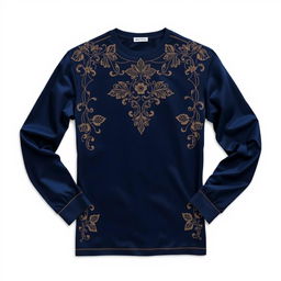 Elegant long-sleeve t-shirt in navy blue, featuring an intricate and stylish design with subtle floral motifs