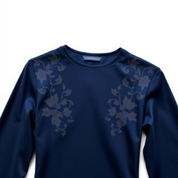 Elegant long-sleeve t-shirt in navy blue, featuring an intricate and stylish design with subtle floral motifs