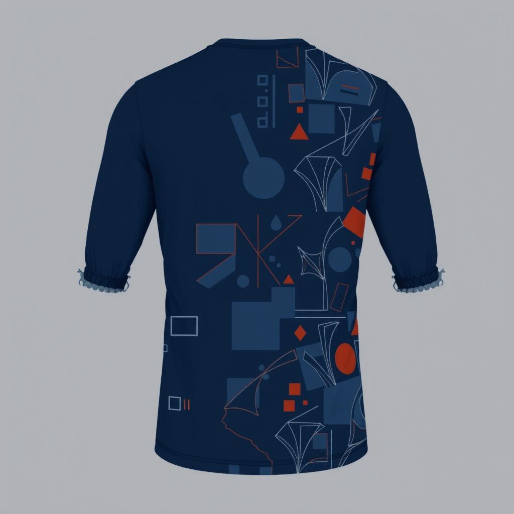 Modern long-sleeve t-shirt in navy blue, featuring a chic pattern on both the front and back