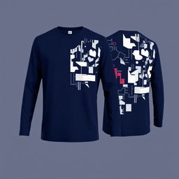 Modern long-sleeve t-shirt in navy blue, featuring a chic pattern on both the front and back