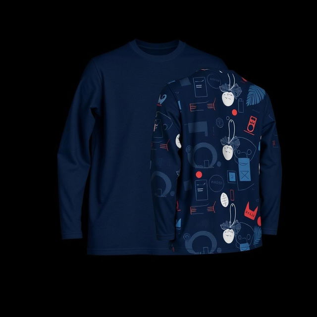 Modern long-sleeve t-shirt in navy blue, featuring a chic pattern on both the front and back