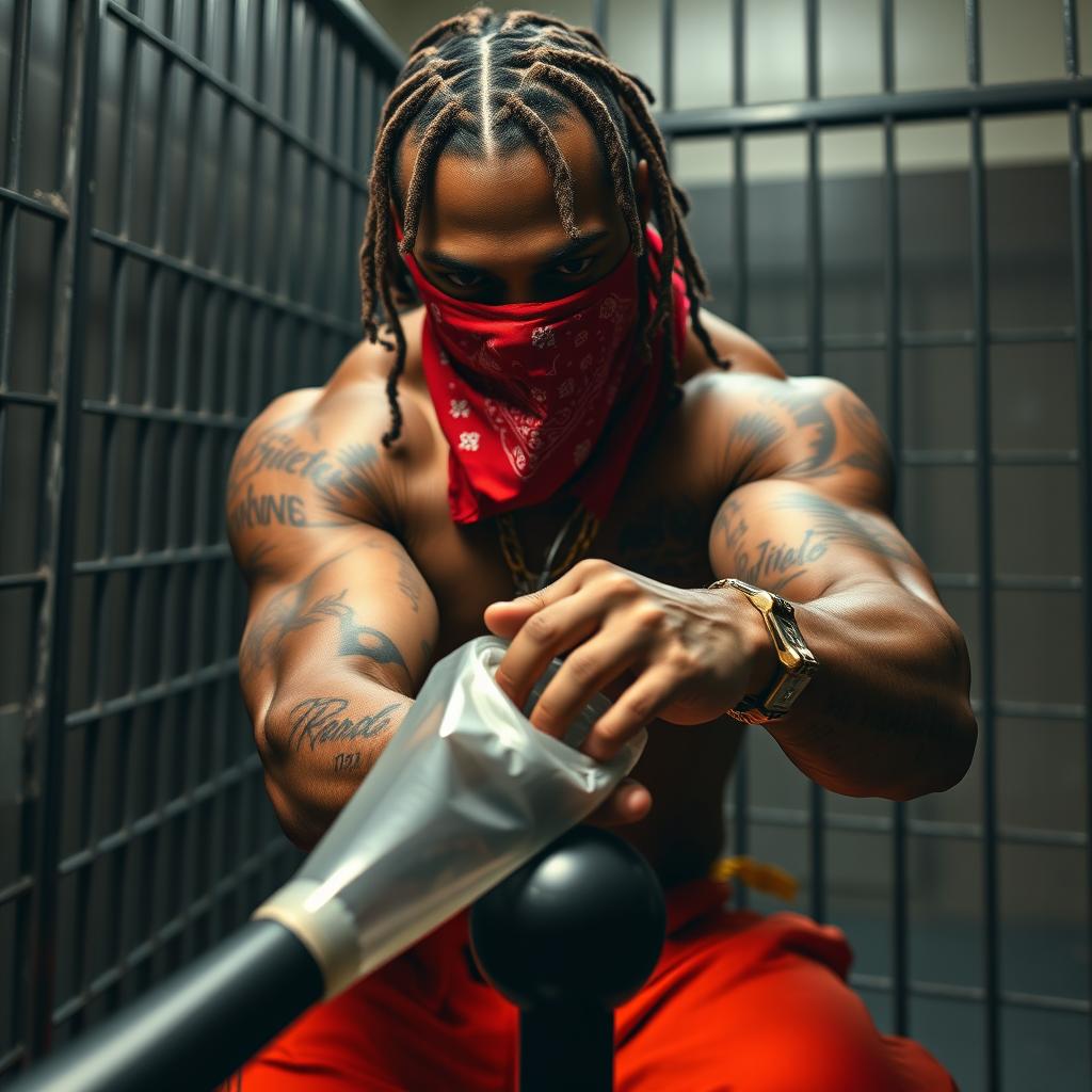 close-up of a muscular African American gang member with cornrows, wearing baggy orange pants and a red bandana mask covering his nose and mouth