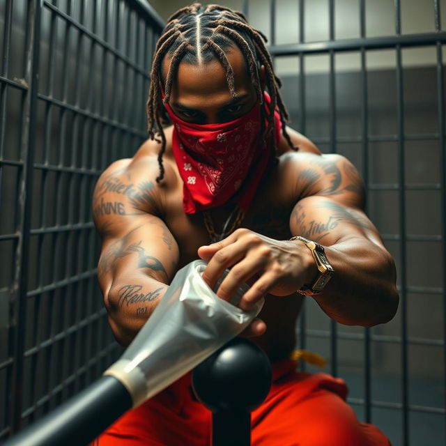 close-up of a muscular African American gang member with cornrows, wearing baggy orange pants and a red bandana mask covering his nose and mouth