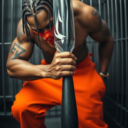 close-up of a muscular African American gang member with cornrows, wearing baggy orange pants and a red bandana mask covering his nose and mouth