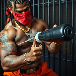 close-up of a muscular African American gang member with cornrows, wearing baggy orange pants and a red bandana mask covering his nose and mouth