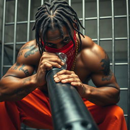 close-up of a muscular African American gang member with cornrows, wearing baggy orange pants and a red bandana mask covering his nose and mouth