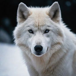 A majestic snow wolf, shrouded in intense darkness, its piercing gaze cutting through the obscurity.