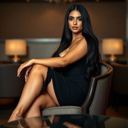 a tall Middle Eastern trans woman with long smooth black hair, sitting elegantly in a chair