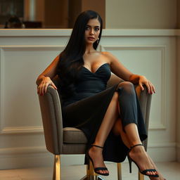 a tall Middle Eastern trans woman with long smooth black hair, sitting elegantly in a chair