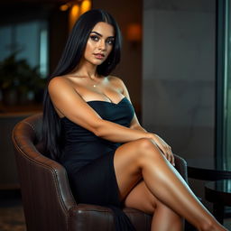 a tall Middle Eastern trans woman with long smooth black hair, sitting elegantly in a chair