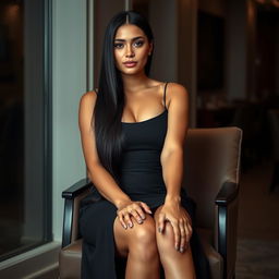 a tall Middle Eastern trans woman with long smooth black hair, sitting elegantly in a chair