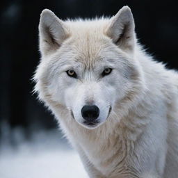 A majestic snow wolf, shrouded in intense darkness, its piercing gaze cutting through the obscurity.