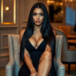 a tall trans woman of Middle Eastern appearance with long, smooth black hair, sitting elegantly in a chair