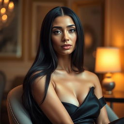 a tall trans woman of Middle Eastern appearance with long, smooth black hair, sitting elegantly in a chair