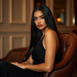 a tall trans woman of Middle Eastern appearance with long, smooth black hair, sitting elegantly in a chair