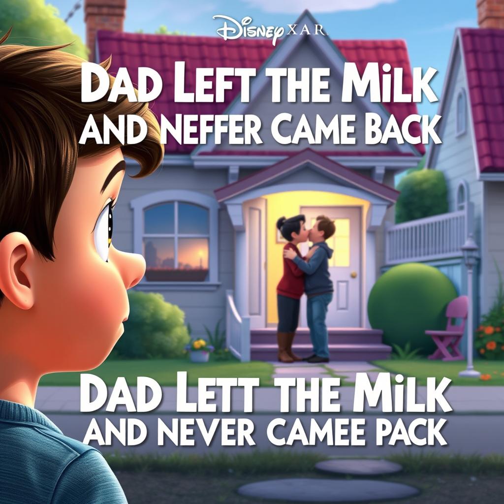 A unique and heartwarming Disney Pixar animated movie poster for 'Dad Left the Milk and Never Came Back: A Love Story'