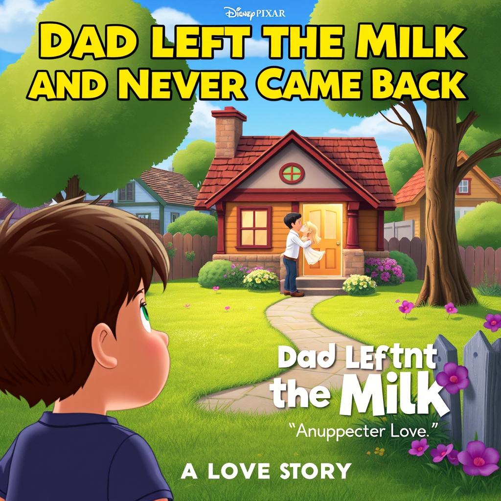 A unique and heartwarming Disney Pixar animated movie poster for 'Dad Left the Milk and Never Came Back: A Love Story'