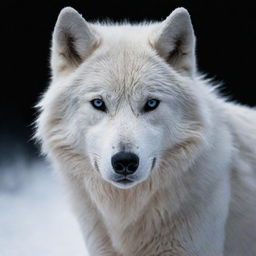 A majestic snow wolf, shrouded in intense darkness, its piercing gaze cutting through the obscurity.