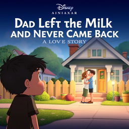 A unique and heartwarming Disney Pixar animated movie poster for 'Dad Left the Milk and Never Came Back: A Love Story'