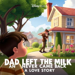 A unique and heartwarming Disney Pixar animated movie poster for 'Dad Left the Milk and Never Came Back: A Love Story'