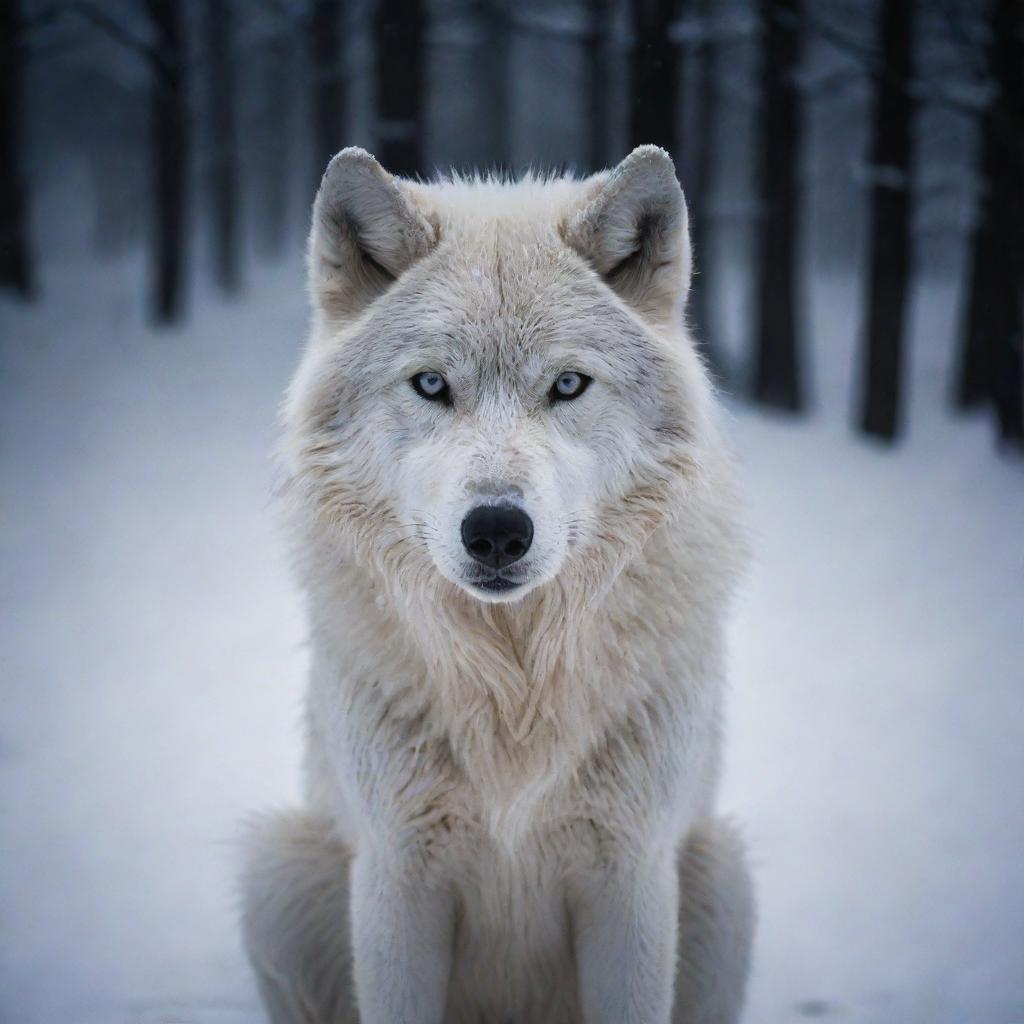 A majestic snow wolf, shrouded in intense darkness, its piercing gaze cutting through the obscurity.