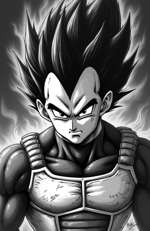 A detailed illustration of Vegeta in the haunting art style of Junji Ito, showcasing Vegeta's intense and fierce demeanor with intricate linework and deep shadows