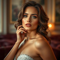 A captivating and artistic portrayal of a confident and alluring adult woman, highlighting her feminine attributes with elegance and sophistication