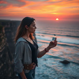 A determined woman standing at the edge of a dramatic cliff, gazing thoughtfully at a small vial of vaccine she holds delicately in one hand