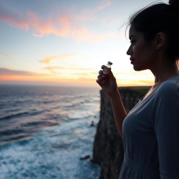 A determined woman standing at the edge of a dramatic cliff, gazing thoughtfully at a small vial of vaccine she holds delicately in one hand