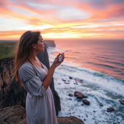 A determined woman standing at the edge of a dramatic cliff, gazing thoughtfully at a small vial of vaccine she holds delicately in one hand
