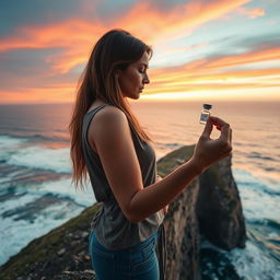 A determined woman standing at the edge of a dramatic cliff, gazing thoughtfully at a small vial of vaccine she holds delicately in one hand