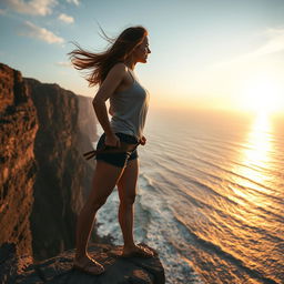 A brave woman standing confidently on the edge of a majestic cliff, overlooking a vast ocean