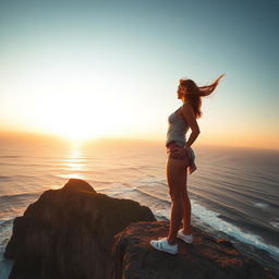 A brave woman standing confidently on the edge of a majestic cliff, overlooking a vast ocean