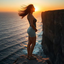 A brave woman standing confidently on the edge of a majestic cliff, overlooking a vast ocean