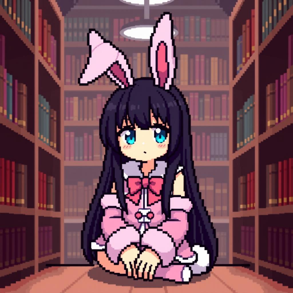 Pixel art of an anime girl in a bunny costume sitting in a library