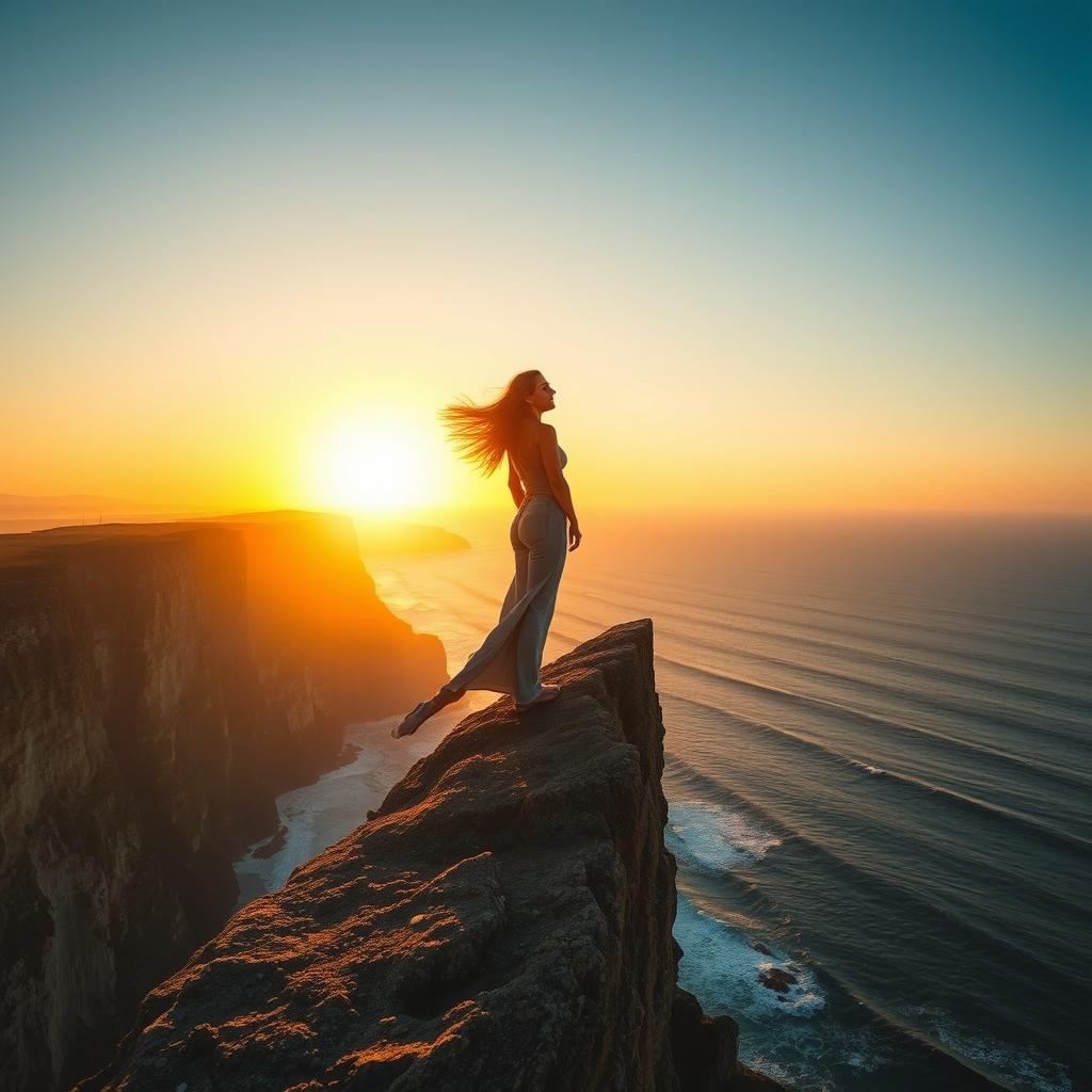 A brave woman standing confidently on the edge of a majestic cliff, overlooking a vast ocean