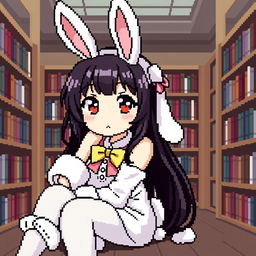 Pixel art of an anime girl in a bunny costume sitting in a library