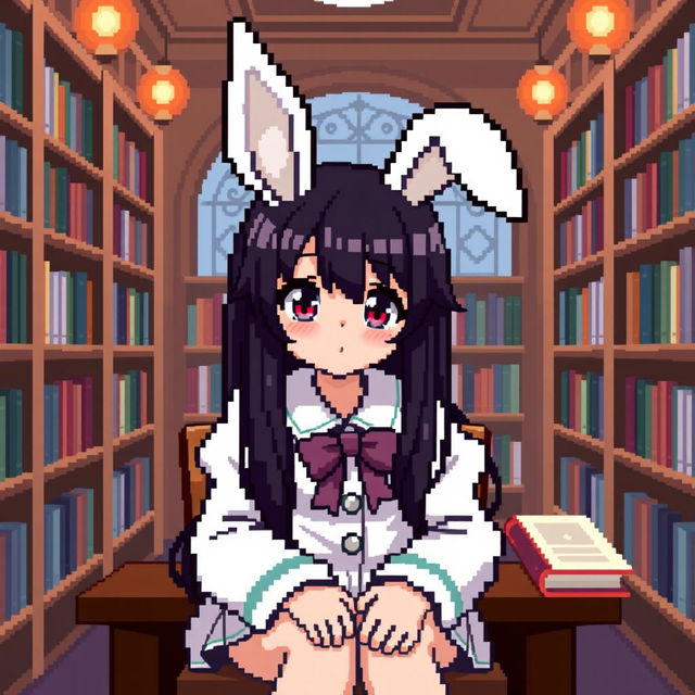 Pixel art of an anime girl in a bunny costume sitting in a library