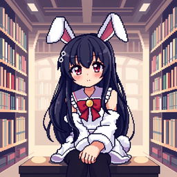 Pixel art of an anime girl in a bunny costume sitting in a library