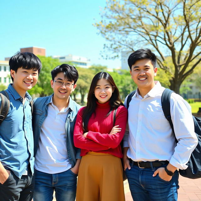 A group of four people standing together on a university campus during a bright, sunny day